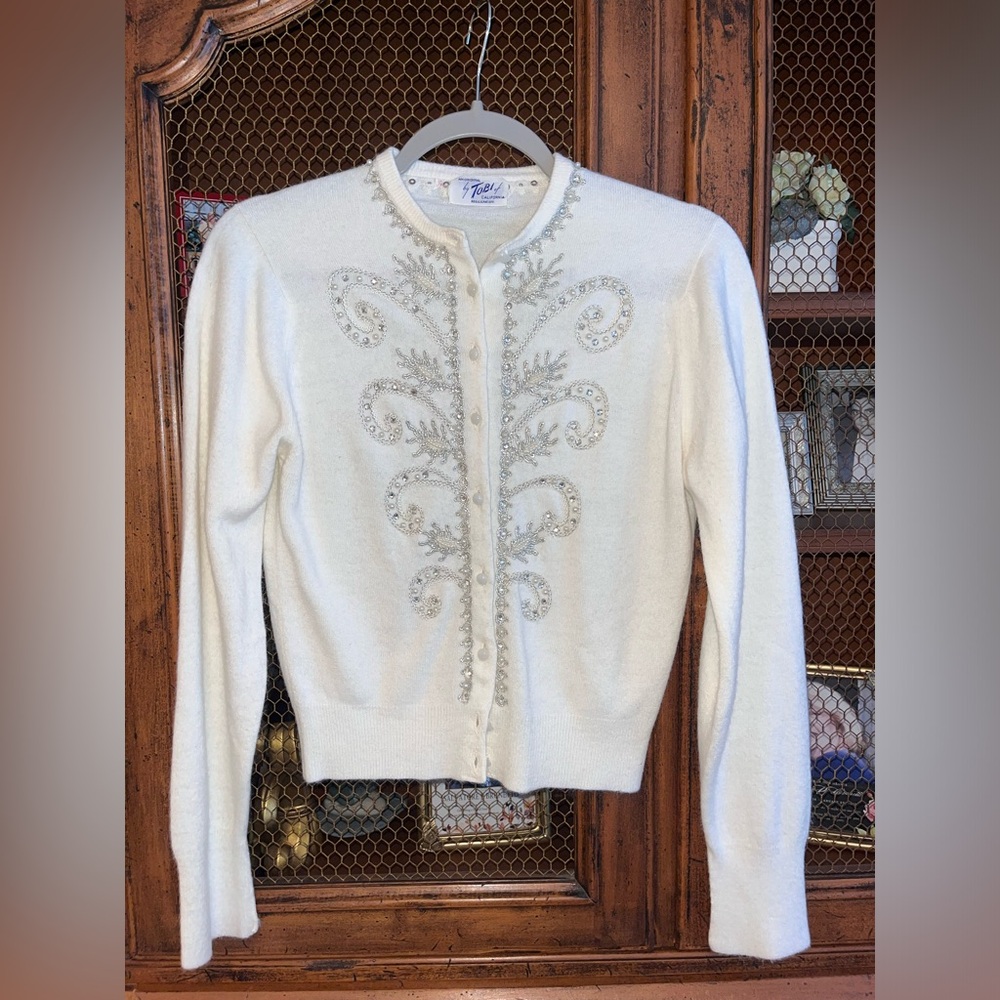 Vintage 1950’s Tobi of California Ivory Beaded Cardigan xs/s - Picture 5 of 9